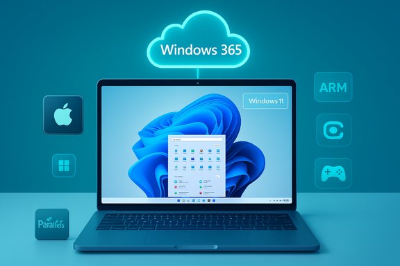 Blue-toned laptop shows Windows 11 with Windows 365 cloud, surrounded by floating icons (Apple, ARM, Parallels).