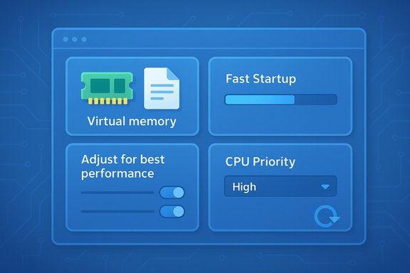 Blue UI dashboard of computer performance settings: Virtual memory, Fast Startup, and CPU Priority.