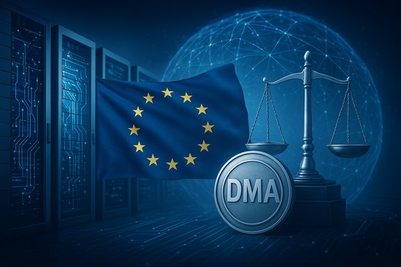 EU flag beside scales of justice and a DMA coin in a digital data center.