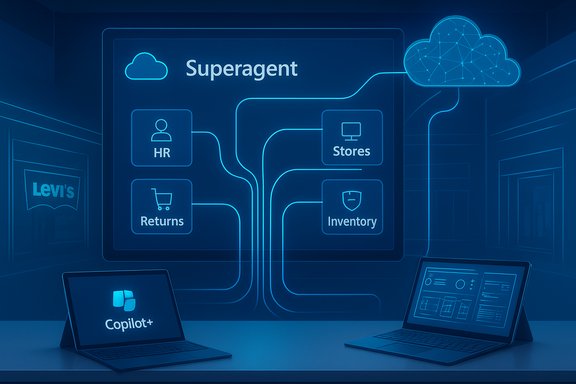 Blue neon dashboard labeled 'Superagent' maps HR, Stores, Returns, and Inventory to a cloud network.