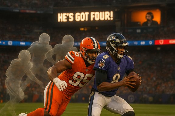 Ravens quarterback runs with the ball as a Browns defender closes in.
