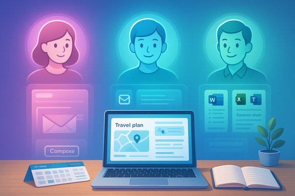 Team travel-planning session with holographic avatars and a laptop displaying a travel plan.