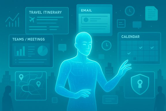 A glowing holographic figure interacts with floating digital dashboards and calendars.