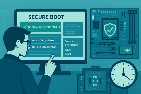 Tech reviews Secure Boot dashboard with updates, device attributes, and TPM.