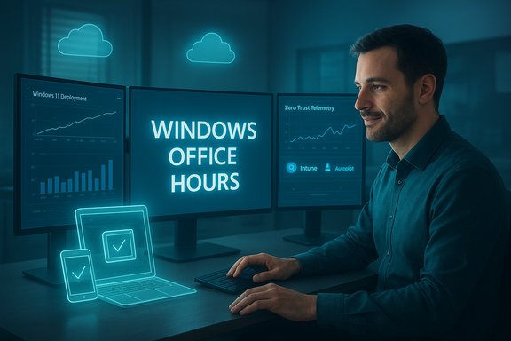 Tech professional at a multi‑monitor setup labeled Windows Office Hours, monitoring deployment and telemetry.