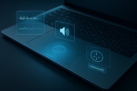 Futuristic laptop with holographic panels displaying firmware, audio, and waveform data.