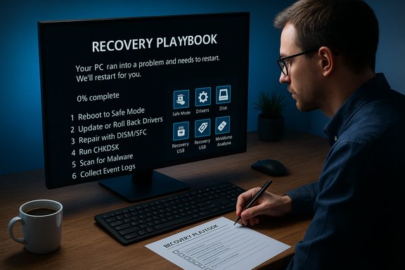 Person writes notes at a desk as a recovery playbook appears on the computer screen.