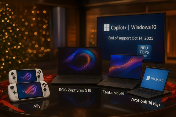 Festive tech display of laptops and handhelds, including ROG Zephyrus G16 and Zenbook S16.