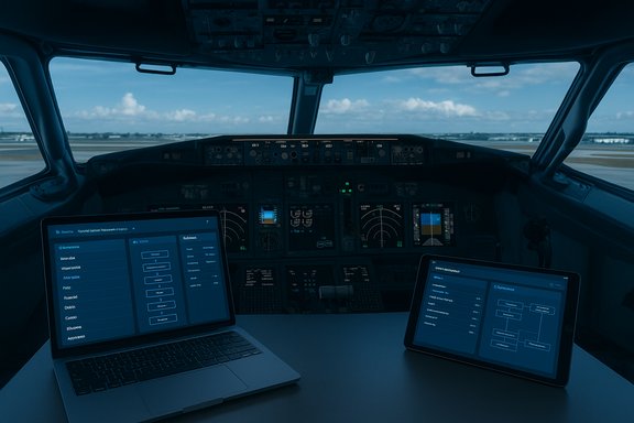 Two laptops in a cockpit display flight dashboards with a runway view outside.