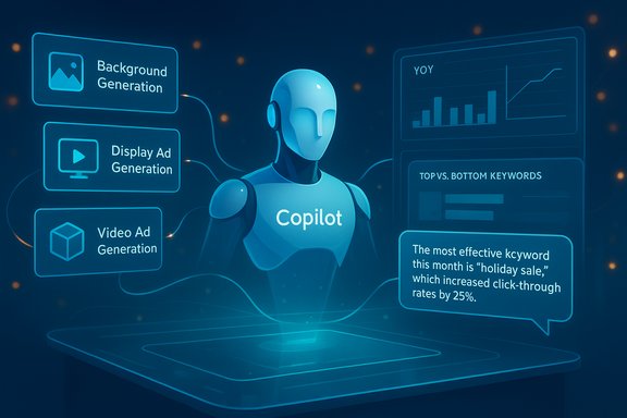 A blue holographic AI Copilot orchestrates ad generation and analytics dashboards.