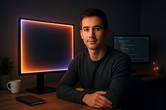 A man sits at a desk in a dim room beside a neon-lit monitor and a second screen displaying code.