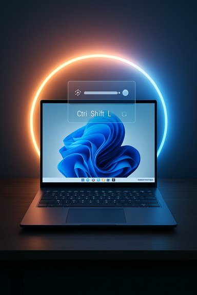 A sleek laptop sits on a desk, framed by a neon orange-blue ring and a translucent Ctrl Shift L prompt.