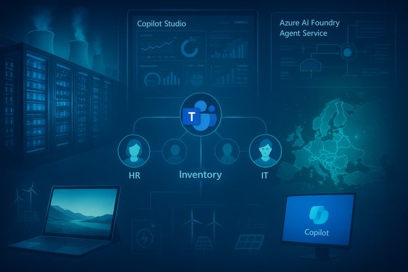 Blue, tech-themed AI dashboard with Copilot connecting HR, Inventory, and IT.