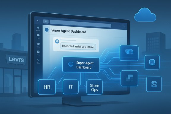 Blue-toned, futuristic dashboard on a monitor showing 'Super Agent Dashboard' with interconnected app blocks.