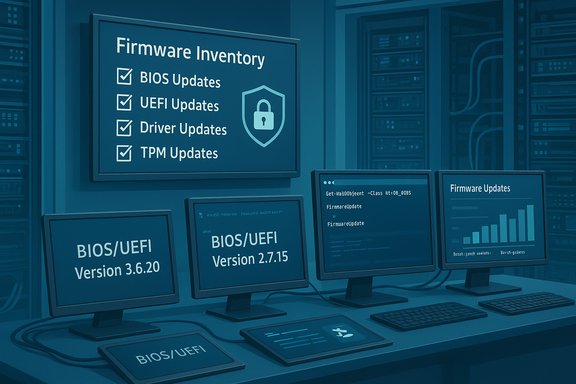 Server room dashboard showing firmware inventory and updates (BIOS/UEFI, drivers, TPM).