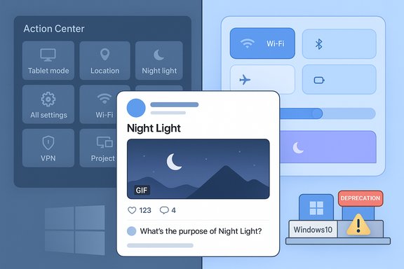 A collage of UI panels featuring a Night Light card amid Windows-like system controls.