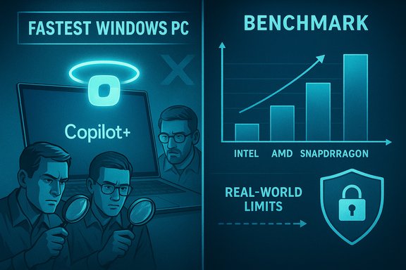 Two analysts study Copilot+ on a fast Windows PC beside a benchmark chart.