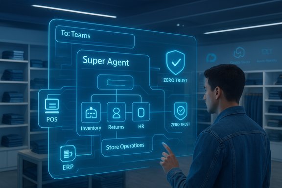 Man in a denim shirt interacts with a blue holographic dashboard labeled Super Agent and Zero Trust.