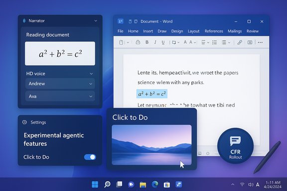 Futuristic Windows desktop with a reading panel, Word document, and quick-action widgets.