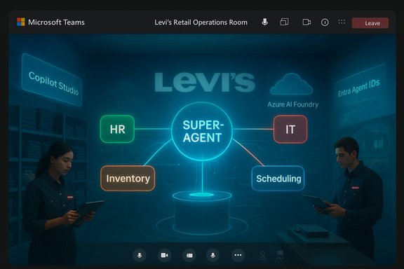 Levi’s Retail Operations Room shows a neon “SUPER-AGENT” diagram linking HR, Inventory, IT and Scheduling.