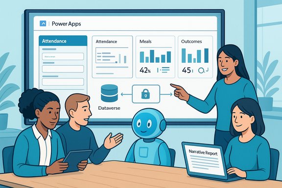 A diverse team presents a Power Apps dashboard detailing attendance, meals, and outcomes.