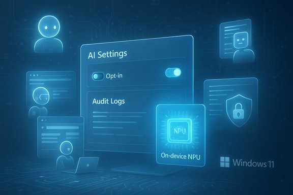 Futuristic Windows 11 AI Settings UI with an on-device NPU and an Opt-in toggle.