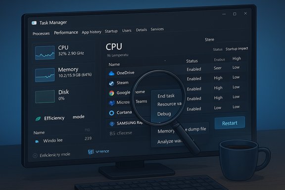 Windows Task Manager on a monitor, magnifying glass over processes and a coffee mug nearby.