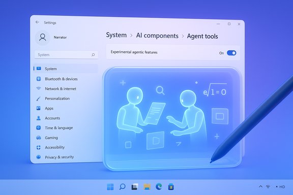 Windows Settings screen showing AI agent tools, with a glowing holographic tablet and stylus.