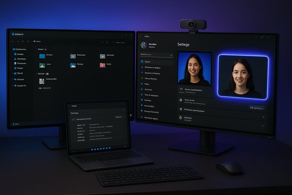 A dual-monitor desktop setup with a laptop, keyboard, mouse, and a top-mounted webcam under blue ambient lighting.