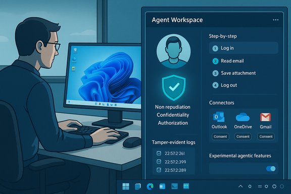 A person at a desk uses a computer with a large Agent Workspace dashboard showing steps and connectors. A person at a desk uses a computer with a large Agent Workspace dashboard showing steps and connectors.