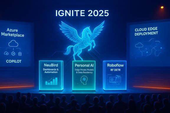 Ignite 2025 stage with glowing AI blocks—NeuBird, Personal AI, Roboflow—backed by a blue Pegasus.