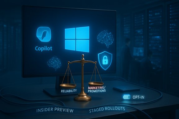 A glowing Windows Copilot screen with a scale balancing reliability and marketing.