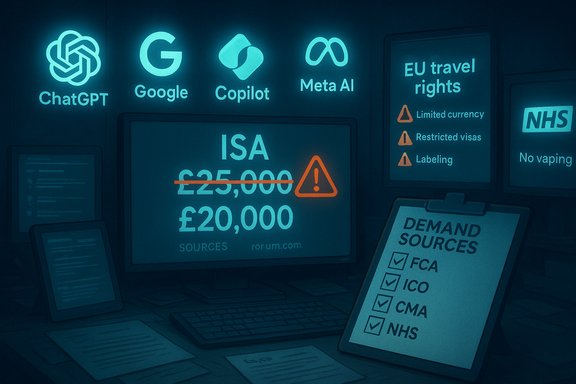 A neon-lit control room with AI logos and a price warning on ISA, surrounded by travel rights and NHS signs.