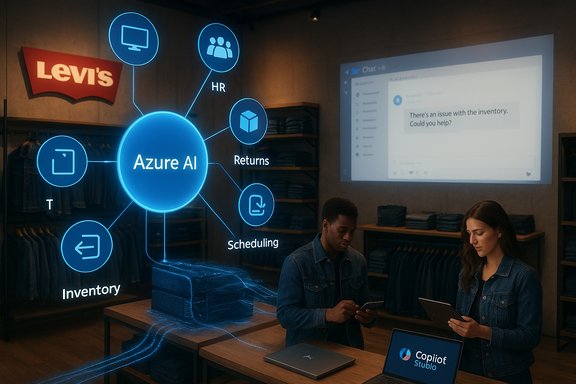 Levi's store showcasing Azure AI hub linking inventory, HR, returns, and scheduling.
