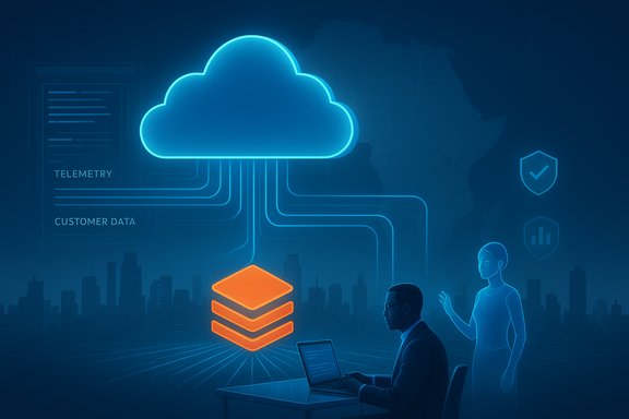 Futuristic cloud computing scene with data streams feeding a stacked storage icon beside a worker at a laptop.