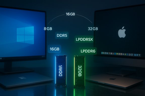A futuristic display comparing DDR5 and LPDDR memory (8–32GB) with two RAM sticks.