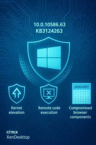 Blue security graphic featuring a Windows shield and risks like kernel elevation and remote code execution.