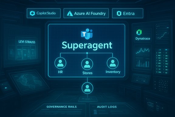 Holographic dashboard showing “Superagent” with HR, Stores, Inventory.