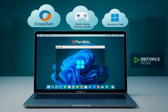 MacBook Pro running Parallels Desktop to run Windows on macOS, with cloud service icons above. MacBook Pro running Parallels Desktop to run Windows on macOS, with cloud service icons above.