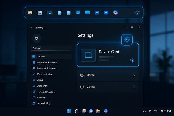 Dark-mode Windows Settings screen featuring a glowing neon-blue Device Card and docked icons.
