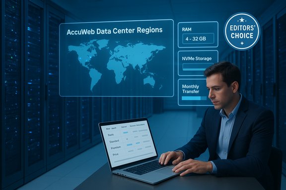 A man in a suit works on a laptop in a server room with a holographic data panel.