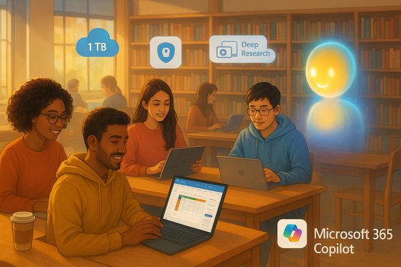 Students in a library use laptops and tablets, with AI icons and Microsoft 365 Copilot branding.
