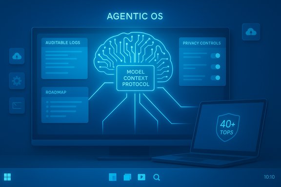 Agentic OS interface shows a neon brain schematic with a model context protocol and privacy controls.