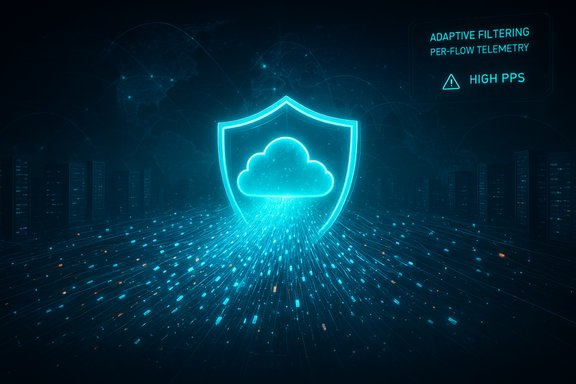 A neon shield with a cloud icon guarding data in a futuristic network.