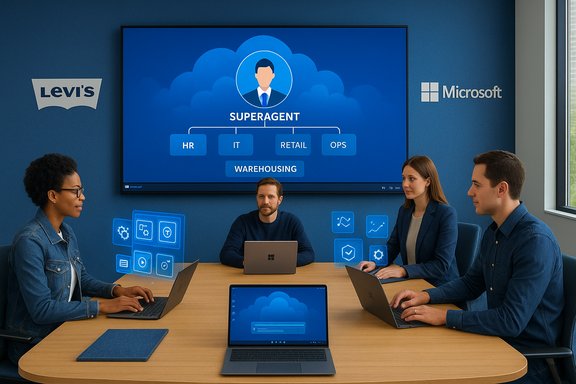A diverse team sits around a conference table as a large screen shows a 'SUPERAGENT' org chart.