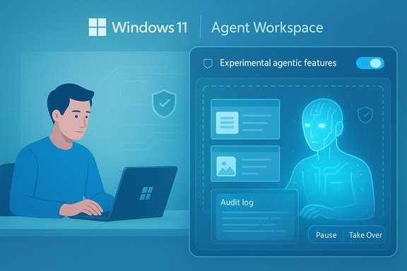 Windows 11 Agent Workspace: person at laptop with a futuristic AI control panel.