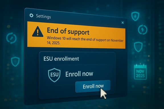 Settings window shows Windows 10 end-of-support alert and ESU enrollment prompt.