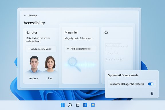 Accessibility settings screen with Narrator and Magnifier cards and avatars. Accessibility settings screen with Narrator and Magnifier cards and avatars.