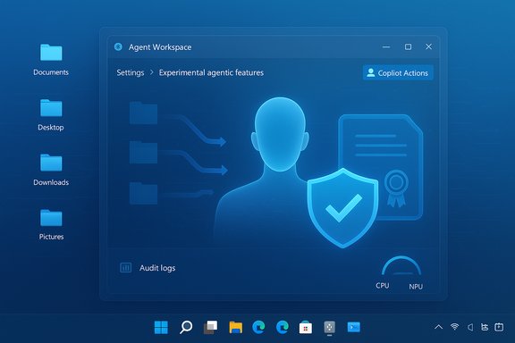Blue AI workspace UI showing Agent Workspace with shield icon and documents.