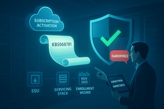 A blue security dashboard displays subscription activation, a shield with a green check, and enrollment tools.